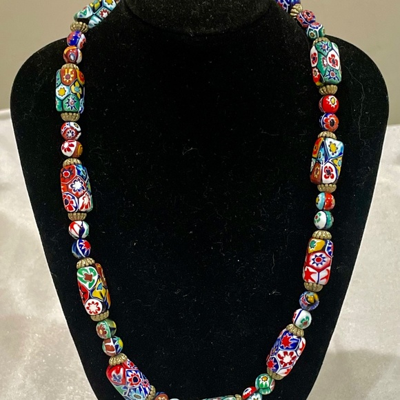 RARE Vintage Murano Millefiori Moretti Venetian Rectangle Glass Bead Necklace - Picture 8 of 11